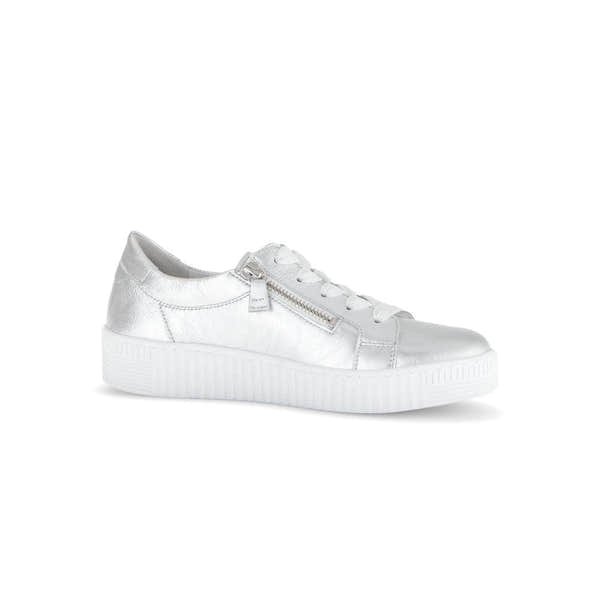Gabor Ladies Silver Leather Trainers with Zip and Lace Closure, chunky white sole, stylish and trendy footwear.