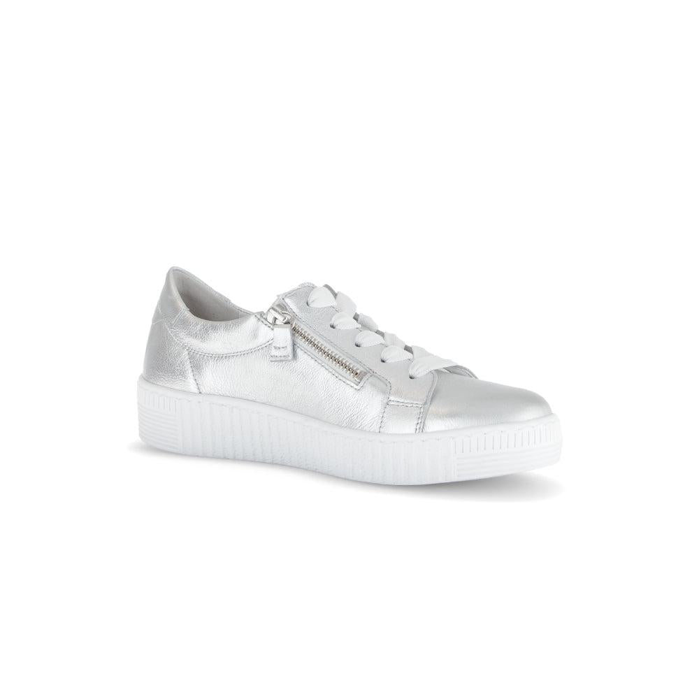 Gabor Ladies Silver Leather Trainers with Zip, Lace-up Closure, and Platform Sole.