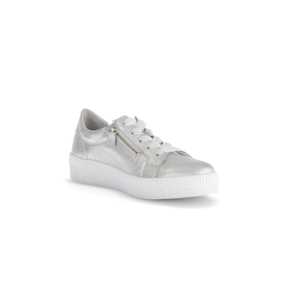 Gabor Women's Silver Leather Trainers with Zip and Lace Details, Platform Sole, Casual Sneakers