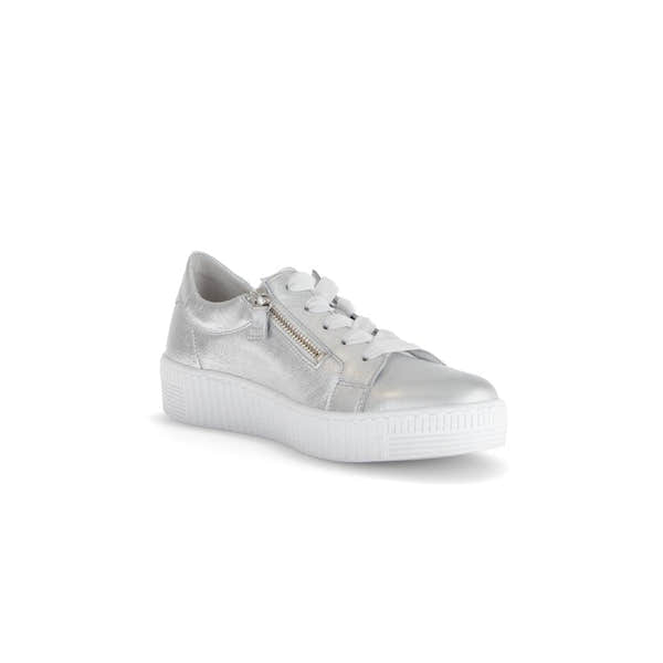 Gabor Women's Silver Leather Trainers with Zip and Lace Details, Platform Sole, Casual Sneakers