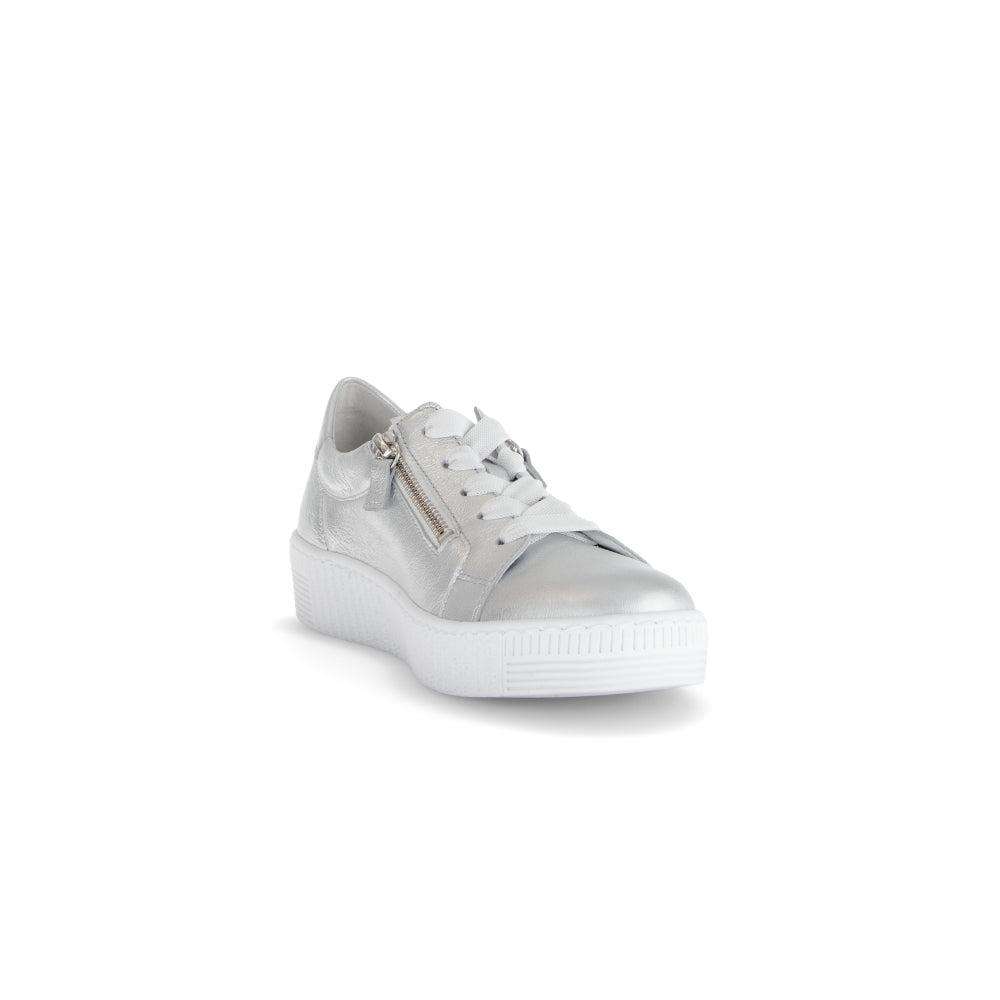 Gabor Ladies Silver Leather Sneakers with Zip, Lace Detailing, and Chunky White Sole.