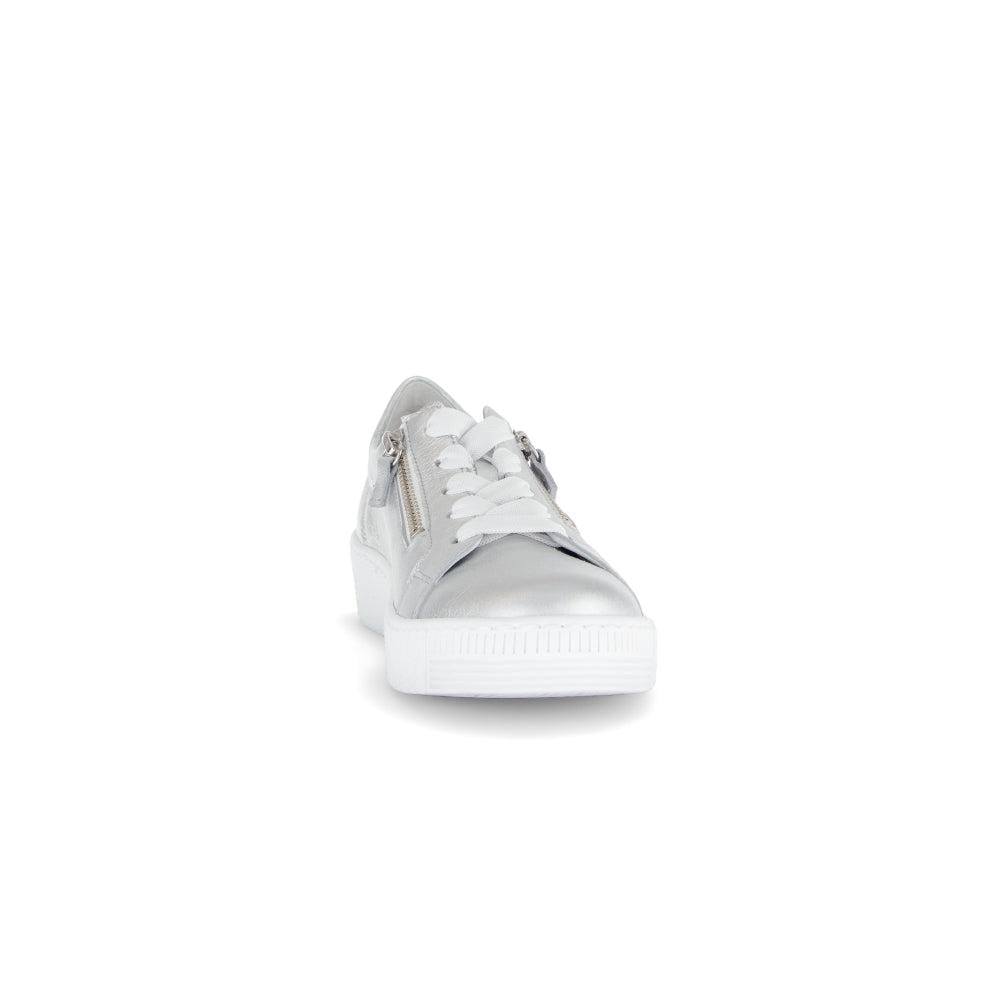 Gabor Women's Silver Leather Trainers with Lace, Zip Details, and Chunky White Sole.