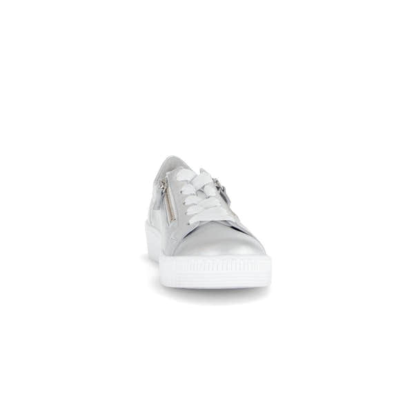Gabor Women's Silver Leather Trainers with Lace, Zip Details, and Chunky White Sole.