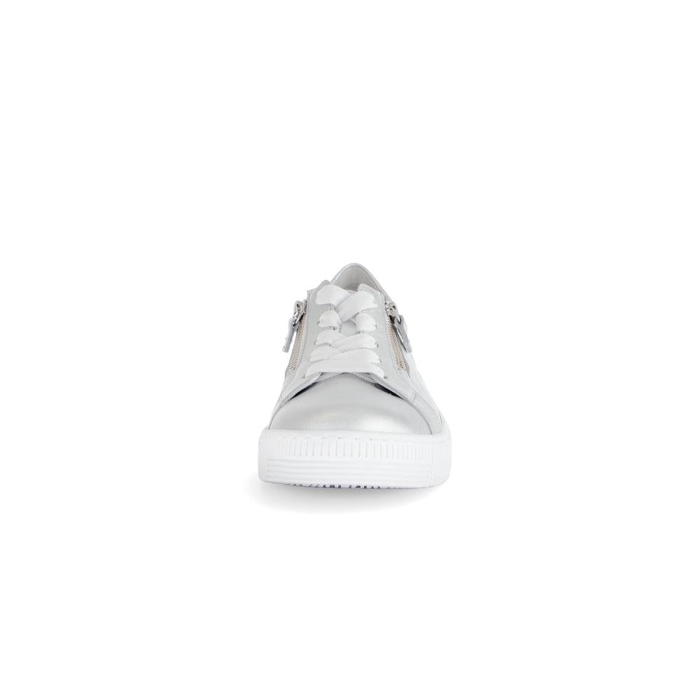 Gabor Ladies Silver Leather Trainers with Zipper and Lace Detailing, Flat Sole, Stylish and Comfortable Footwear