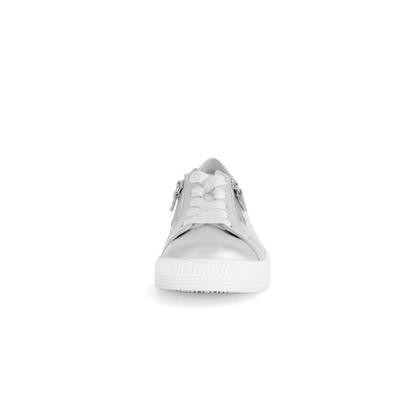 Gabor Ladies Silver Leather Trainers with Zipper and Lace Detailing, Flat Sole, Stylish and Comfortable Footwear