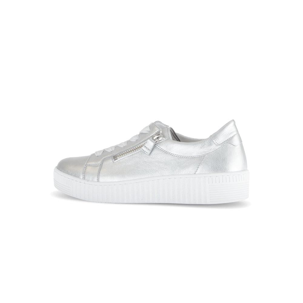 Gabor Ladies Silver Leather Trainers with Zip and Lace Details, platform sole, stylish and comfortable footwear for women.
