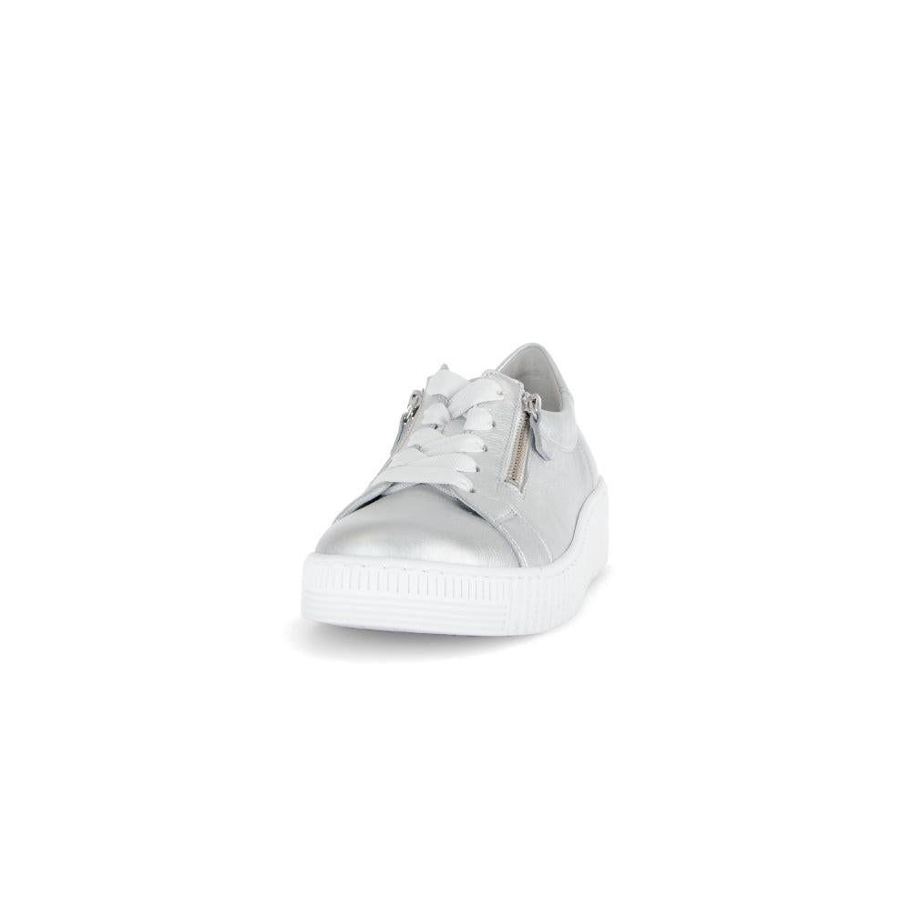 Gabor Ladies' Silver Leather Trainers with Zip and Lace Details, stylish and comfortable sneaker for women.