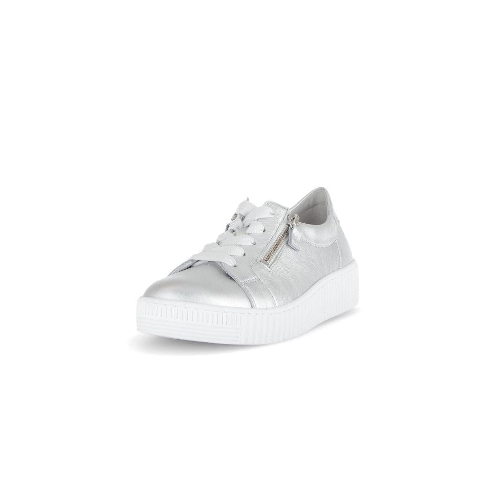 Gabor Ladies Silver Leather Trainers with Zip and Lace Detail, platform sole, stylish comfortable casual footwear.