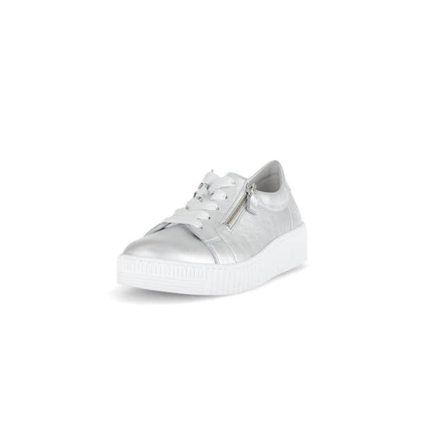 Gabor Ladies Silver Leather Trainers with Zip and Lace Detail, platform sole, stylish comfortable casual footwear.