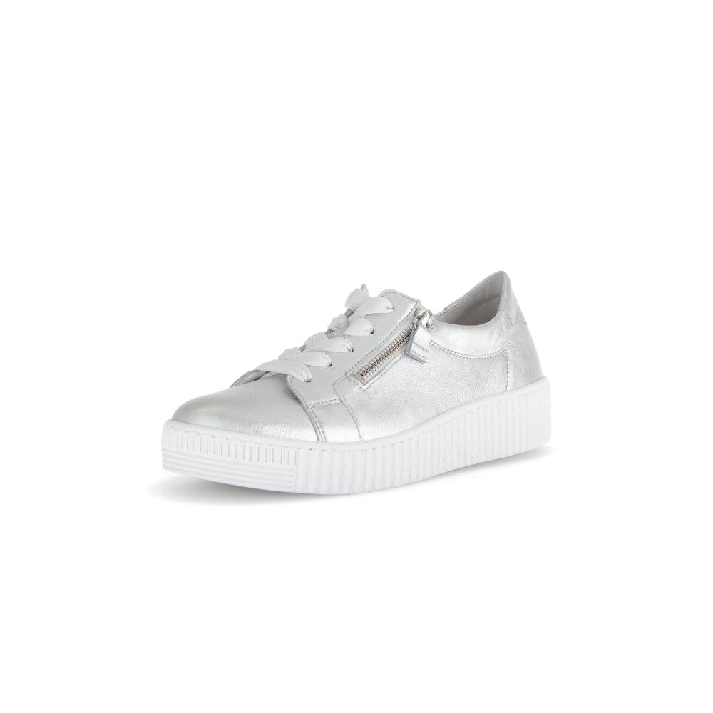 Gabor Ladies Silver Leather Trainers with Zip and Lace Fastening, Platform Sole, Stylish and Comfortable Footwear