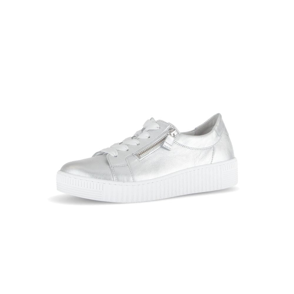 Gabor Ladies Silver Leather Trainers with Zip and Lace Details, chunky white sole, stylish and comfortable footwear for women.