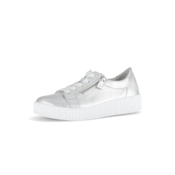 Gabor Ladies Silver Leather Trainers with Zip and Lace Details, chunky white sole, stylish and comfortable footwear for women.
