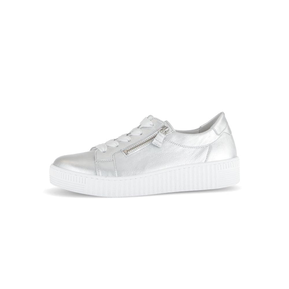 Gabor Women's Silver Leather Trainers with Zip and Lace Details, Casual Sneakers, Platform Sole