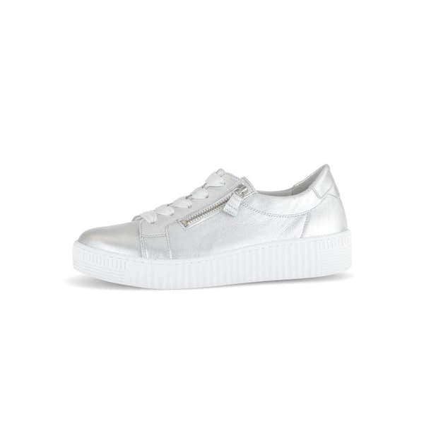Gabor Women's Silver Leather Trainers with Zip and Lace Details, Casual Sneakers, Platform Sole