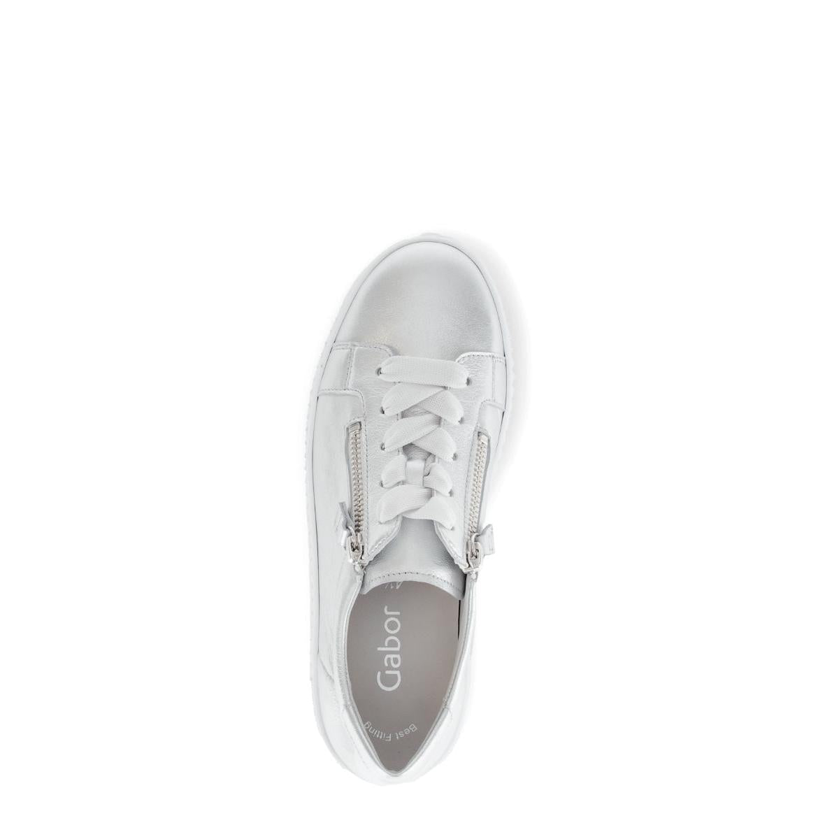 Gabor 63.334.61 women's silver leather trainer with zip and lace-up design, cushioned sole, and stylish look.