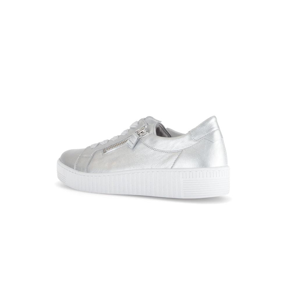 Gabor Ladies Silver Leather Zip & Lace Trainers, casual sneakers with side zipper, lace-up front, and chunky white sole.