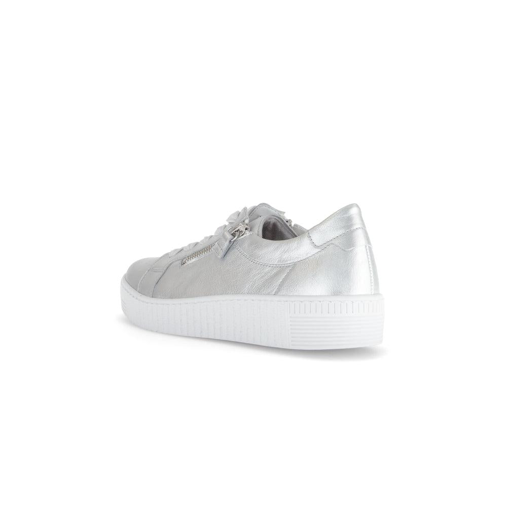Gabor Women's Silver Leather Trainers with Zip and Lace details, chunky white sole, slip-on style.