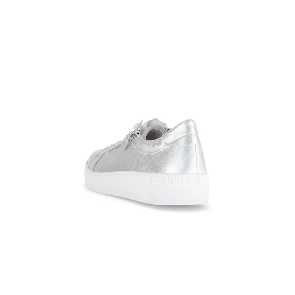 Gabor Ladies Silver Leather Trainers with Zip and Lace Details, Casual Sneakers for Women, Platform White Sole.