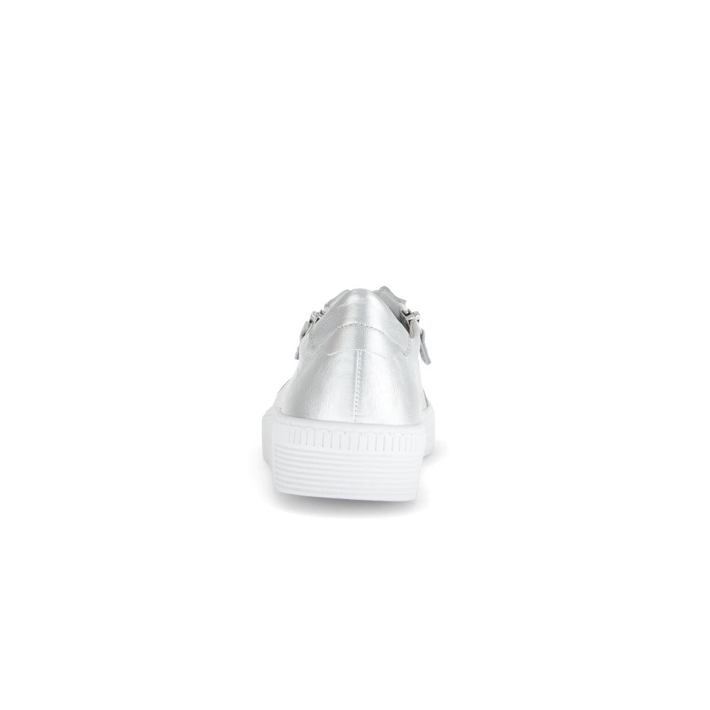Gabor Ladies Silver Leather Trainers with Zip and Lace, Platform Sole, front view, stylish and casual footwear.