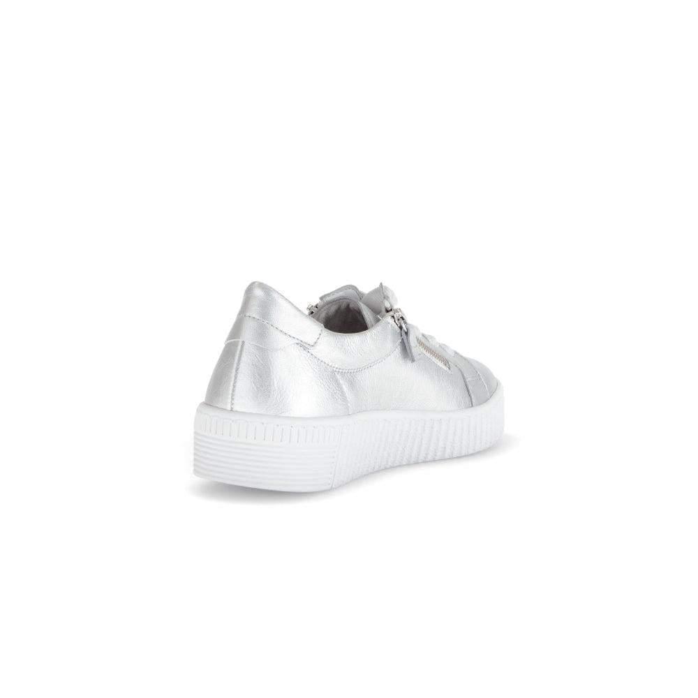 Gabor Ladies Silver Leather Trainers with Zip and Lace Detailing, Cushioned Platform Sole, stylish and comfortable footwear.