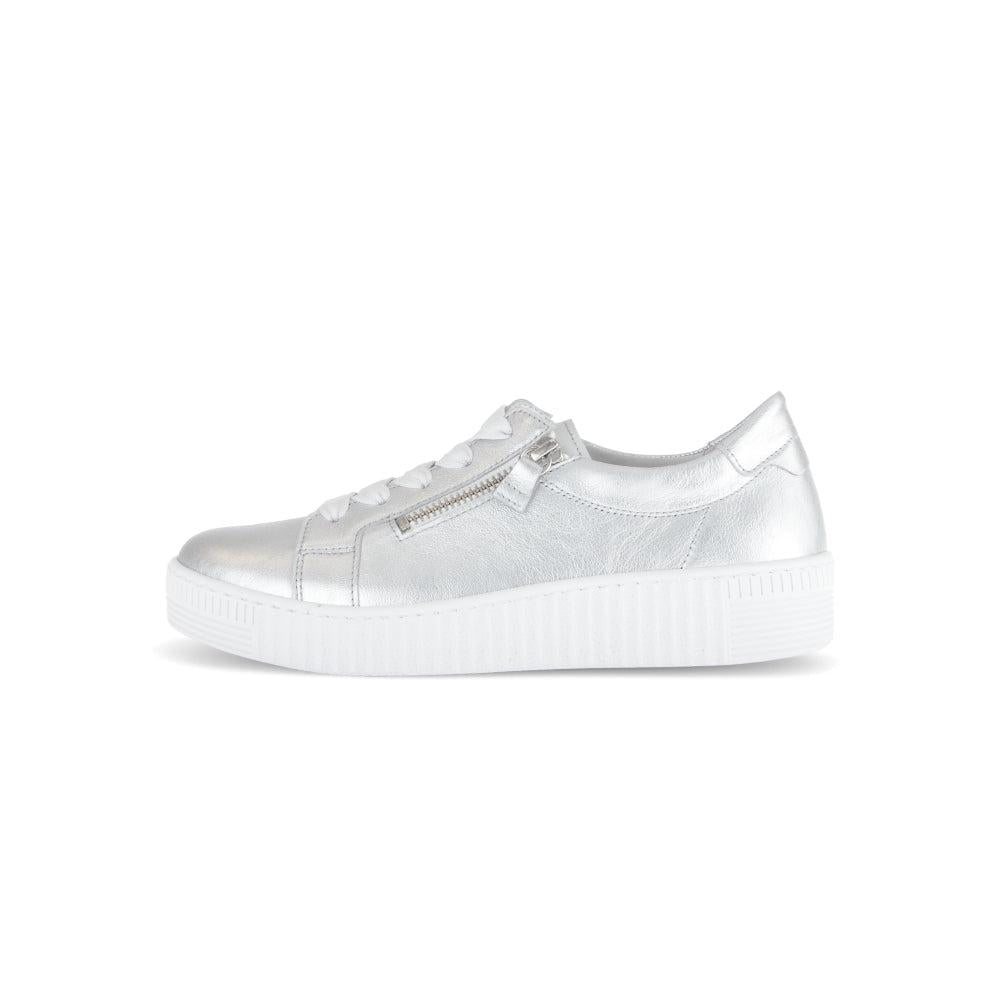 Gabor Women's Silver Leather Trainers with Zip, Lace-Up Style, and Platform Sole.