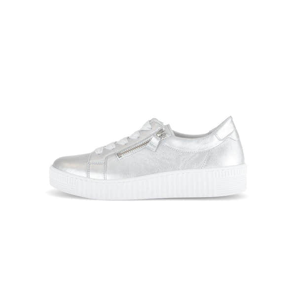 Gabor Women's Silver Leather Trainers with Zip, Lace-Up Style, and Platform Sole.