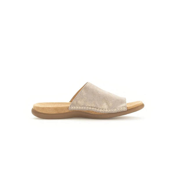 Gabor Lanzarote Ladies Beige Multi Leather Slip-On Sandals with cushioned footbed and low heel.