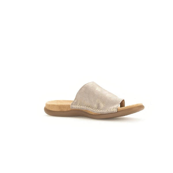 Gabor Lanzarote Ladies Beige Multi Leather Slip-On Sandals with cushioned footbed and open toe design.
