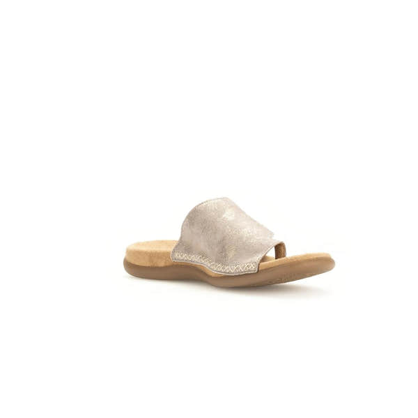 Gabor Lanzarote Ladies Beige Multi Leather Slip-On Sandals with open toe design and cushioned sole.