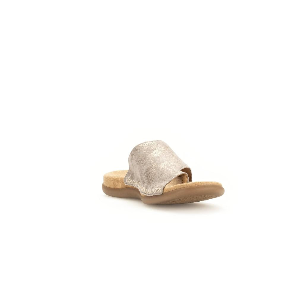 Gabor Lanzarote Ladies Beige Multi Leather Slip-On Sandals with open toe and flat sole.