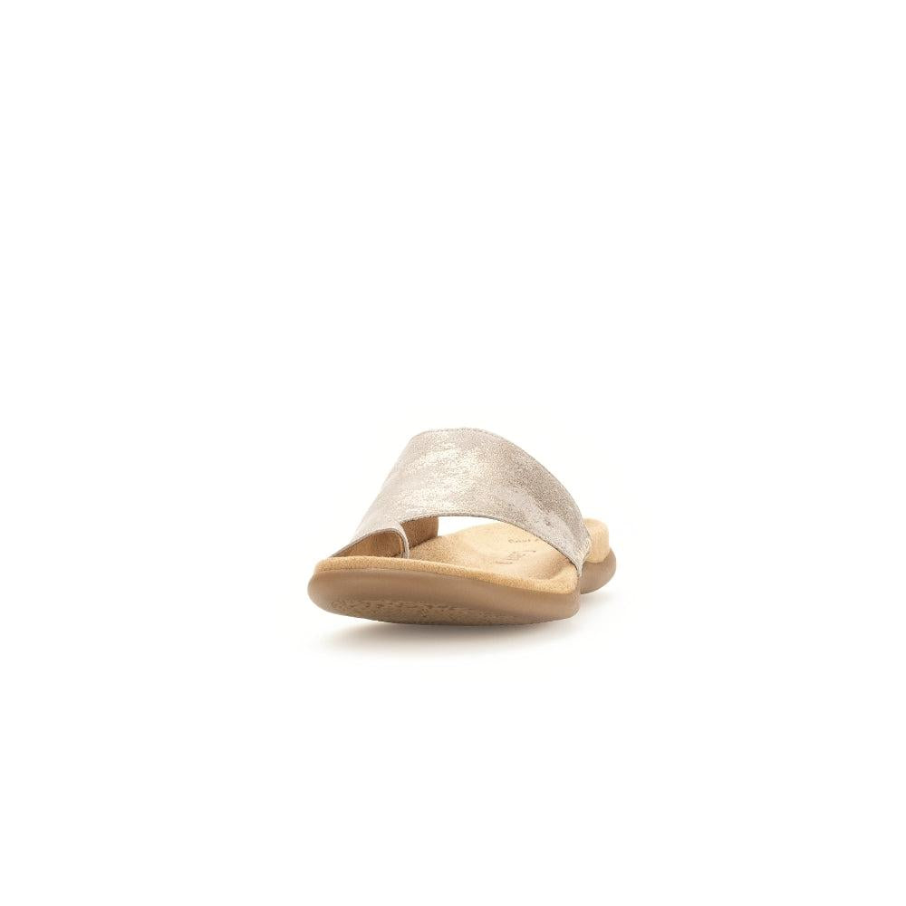 Gabor Lanzarote Ladies Beige Multi Leather Slip-On Sandals with cushioned insole and wide strap.