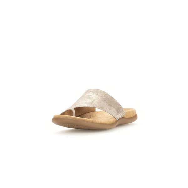 Gabor Lanzarote Ladies Beige Multi Leather Slip-On Sandals with cushioned sole and open toe design.