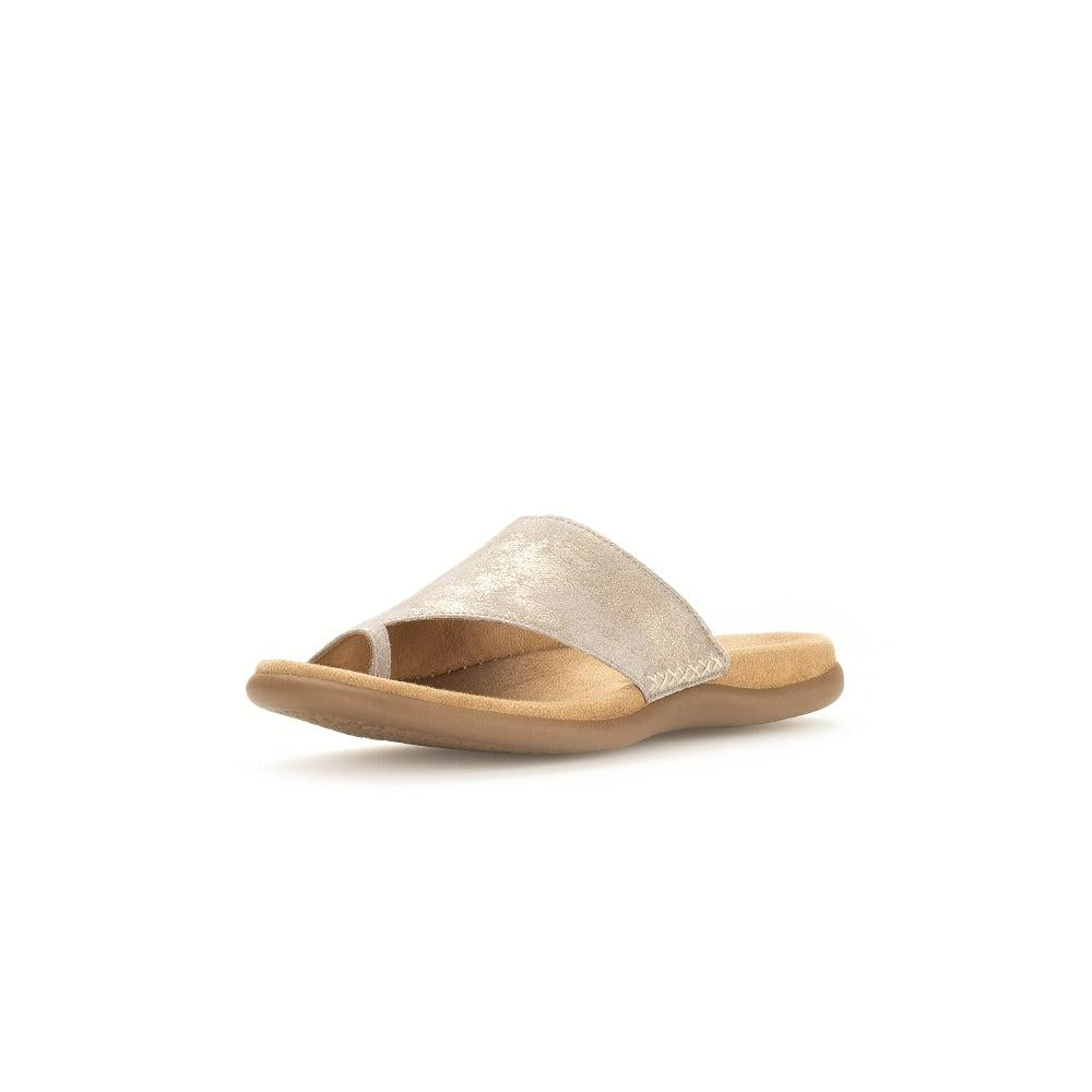 Gabor Lanzarote Ladies Beige Multi Leather Slip-On Sandals with cushioned footbed and open toe design.