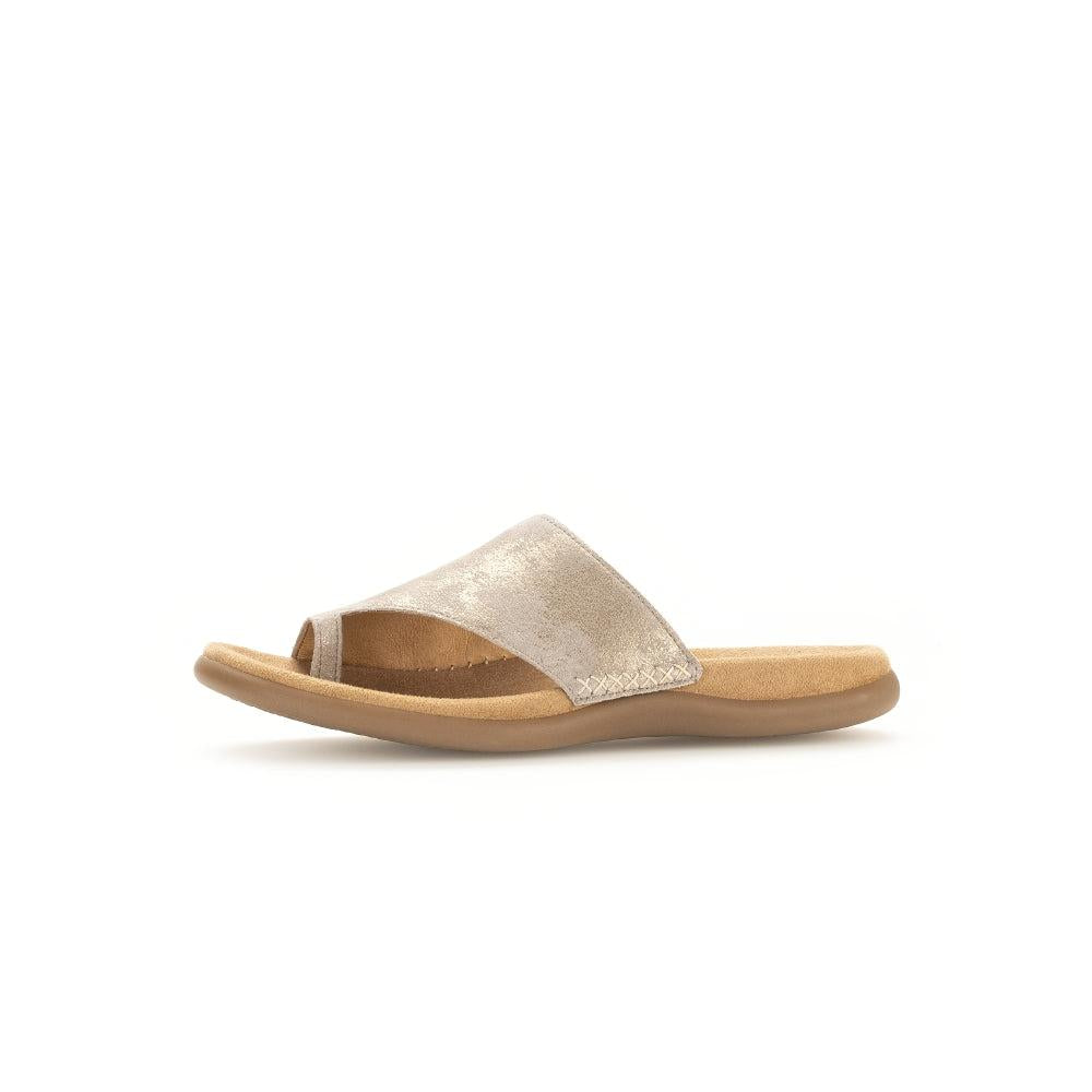 Gabor Lanzarote Ladies Beige Multi Leather Slip-On Sandals with cushioned sole and open toe design.