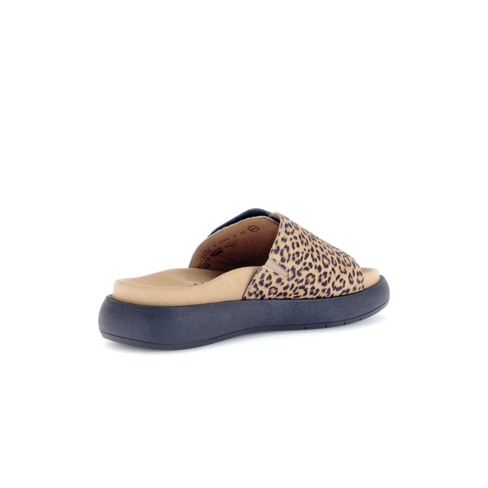 Gabor Adios Ladies Brown Animal Print Suede Touch Fastening Sandals with cushioned insole and black sole.
