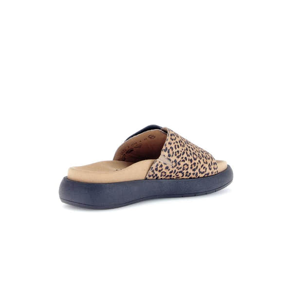 Gabor Adios Ladies Brown Animal Print Suede Touch Fastening Sandals with cushioned insole and black sole.