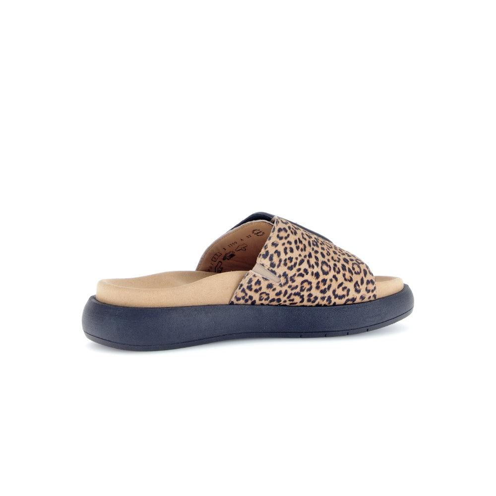 Gabor Adios Ladies Brown Animal Print Suede Touch Fastening Sandals with cushioned insole and black sole.