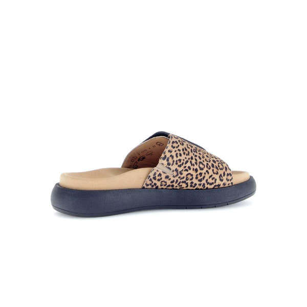 Gabor Adios Ladies Brown Animal Print Suede Touch Fastening Sandals with cushioned insole and black sole.