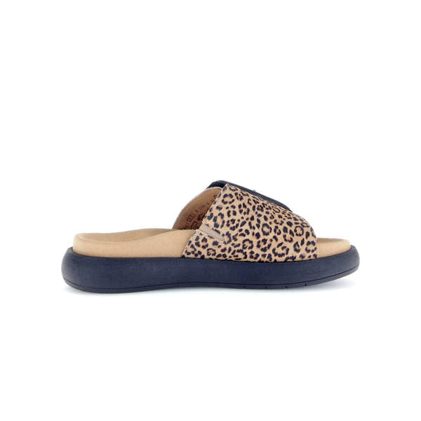 Gabor Adios Ladies Brown Animal Print Suede Touch Fastening Sandals with black sole.