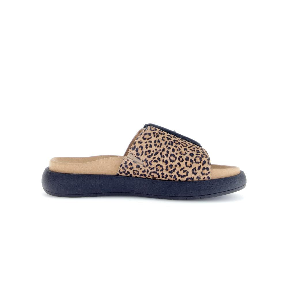Gabor Adios Ladies brown animal print suede touch fastening sandals with black soles.