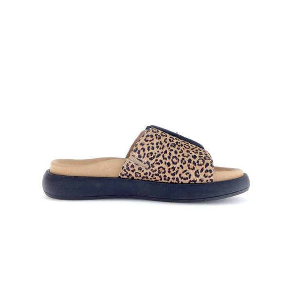 Gabor Adios Ladies brown animal print suede touch fastening sandals with black soles.