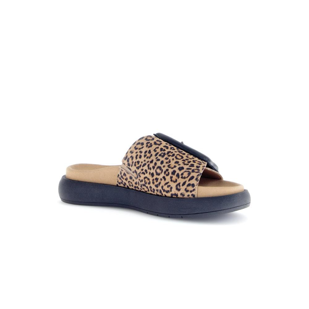 Gabor Adios Ladies Brown Animal Print Suede Touch Fastening Sandals, slip-on slide with leopard pattern and cushioned sole.