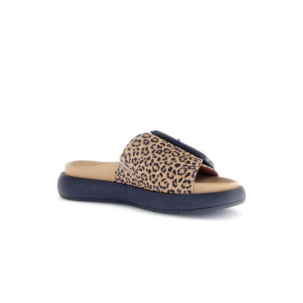Gabor Adios Ladies Brown Animal Print Suede Touch Fastening Sandals, slip-on slide with leopard pattern and cushioned sole.