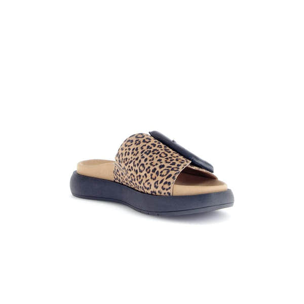 Gabor Adios Ladies Brown Animal Print Suede Touch Fastening Sandals, slip-on mule style with leopard pattern and black sole.