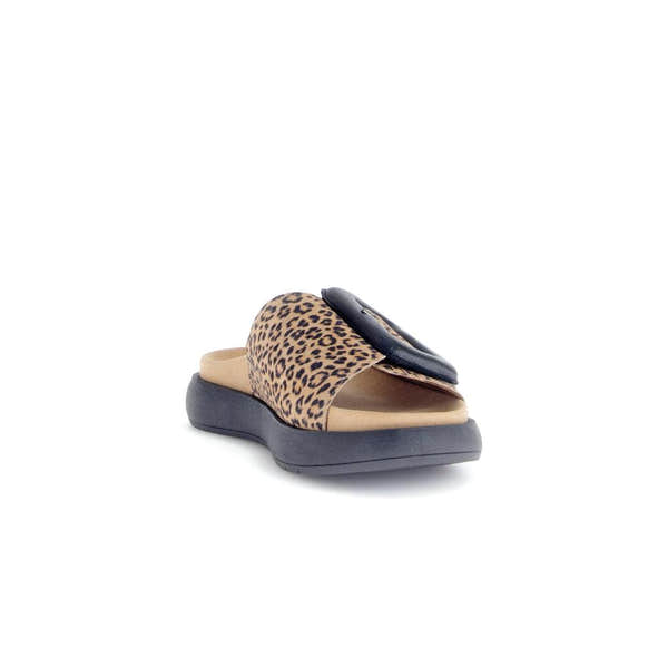 Gabor Adios Ladies brown leopard print animal suede touch fastening sandals with black and beige accents.
