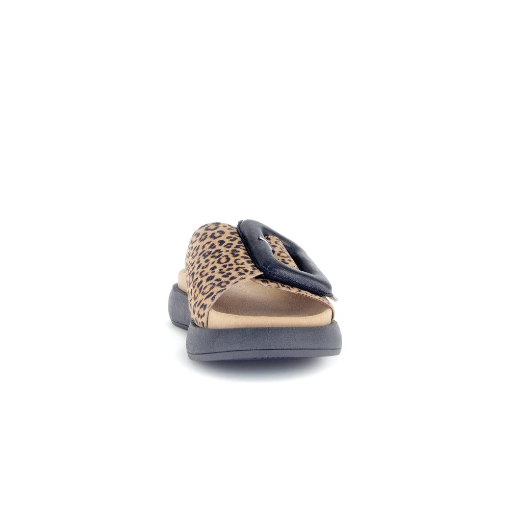 Gabor Adios Ladies brown animal print suede touch fastening sandals with black buckle detail and cushioned sole.