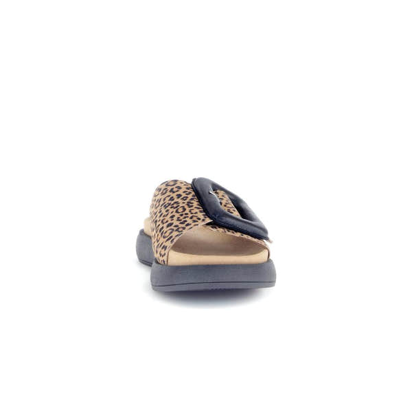 Gabor Adios Ladies brown animal print suede touch fastening sandals with black buckle detail and cushioned sole.