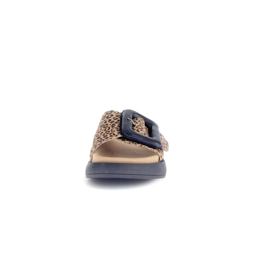 Gabor Adios Ladies Brown Animal Print Suede Touch Fastening Sandals with black buckle detail