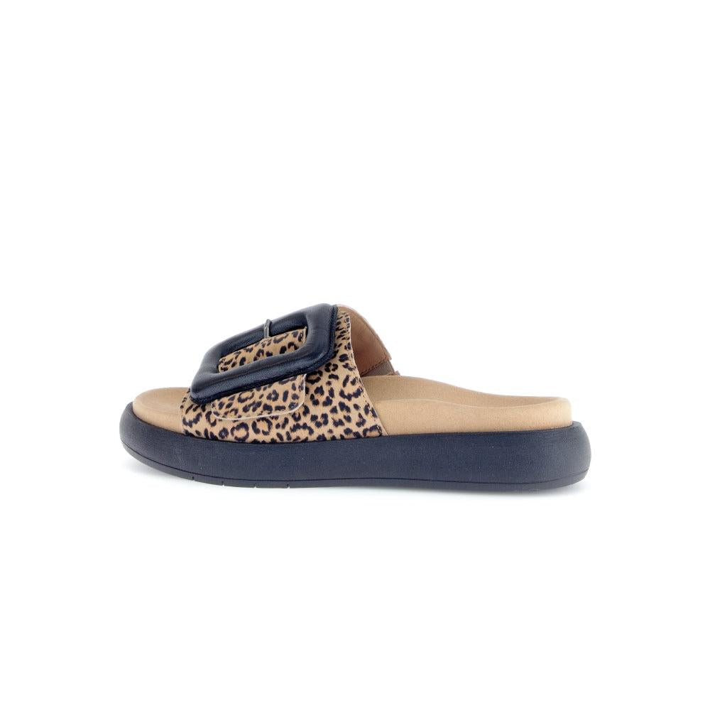 Gabor Adios Ladies Brown Animal Print Suede Touch Fastening Sandals with black sole and buckle detail.