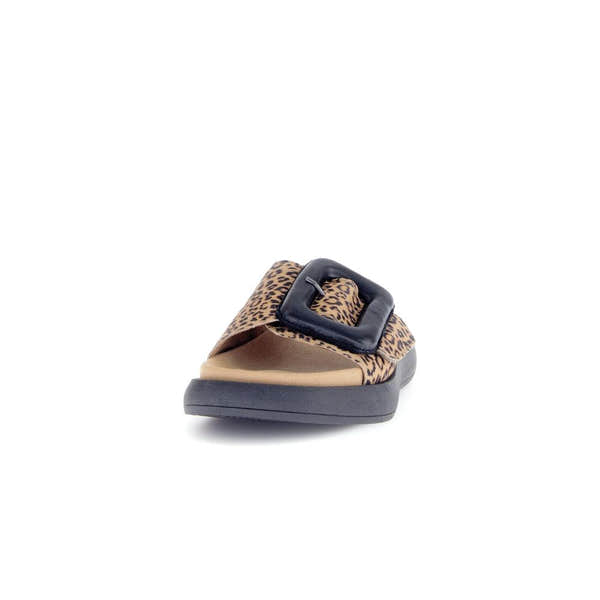 Gabor Adios Ladies Brown Animal Print Suede Touch Fastening Sandals with Buckle detail.